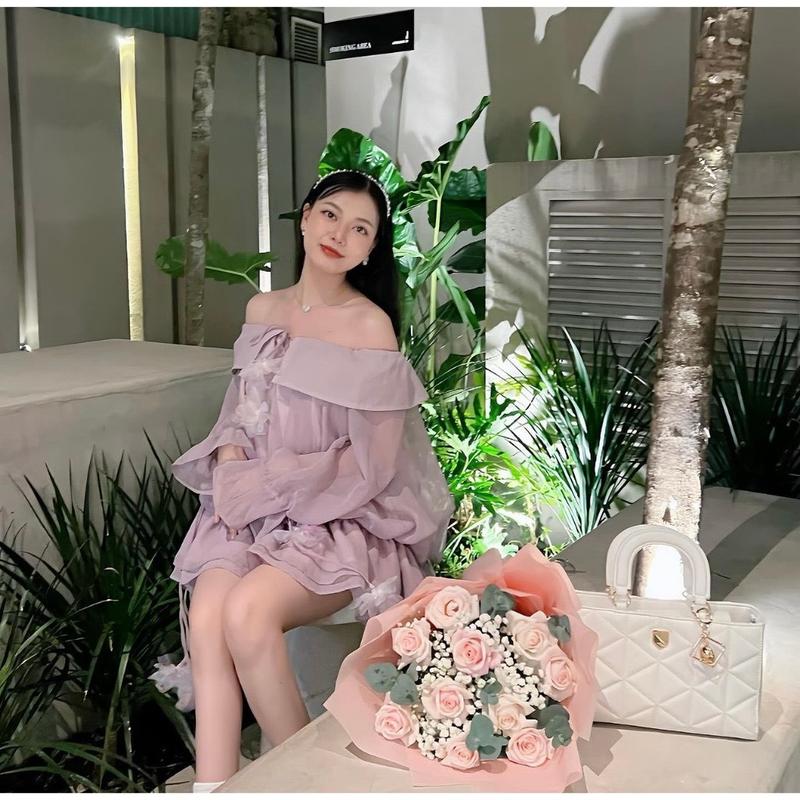 M902 - Đầm bồng trễ vai tay dài bo chun eo, đầm trễ vai voan bèo 4