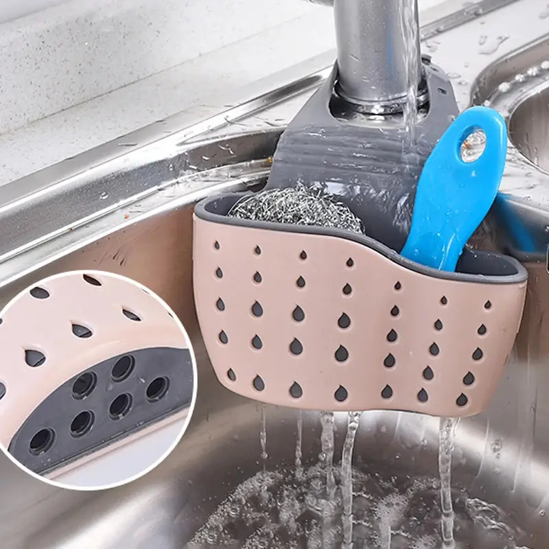 Household Storage Draining Basket Kitchen Sink Rack Adjustable Soap Sponge Shelf Hanging Draining Basket Bag Kitchen Accessories