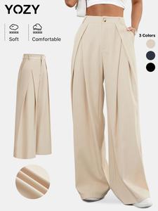 YOZY Valentine's Day Gift for Girl, Women's Plain Plicated Button Fly Wide Leg Pants, Casual Comfy Trousers for Daily Wear, Ladies Bottoms for All Seasons, Fall&Winter Clothes