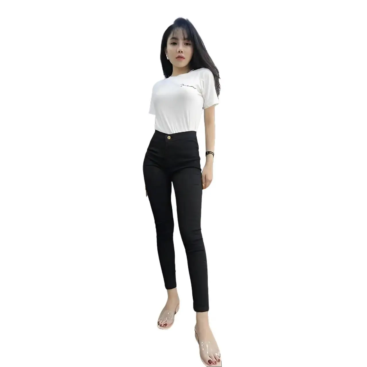 Quần bò giấy 1 khuy lưng cao có túi trước và sau_ quần legging cho nữ 35-95kg Women Jean Pants Voi Đen