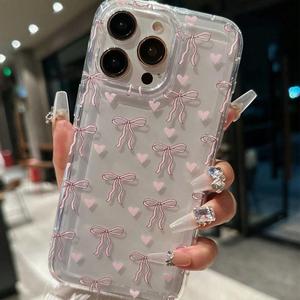 Funda para celular transparente con patrón de moño y corazón, funda protectora anticaídas, cubierta completa y a prueba de golpes para iPhone 15 14 13 12