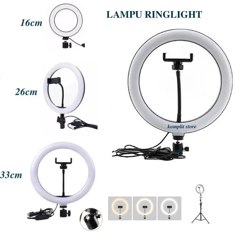 RINGLIGHT LAMPU SELFIE DIAMETER 16 20 26 33 CM MAKE UP VLOG BEAUTY SELFIE ring light untuk konten Aksesoris Holder Kuning Putih Tripod Remote 0