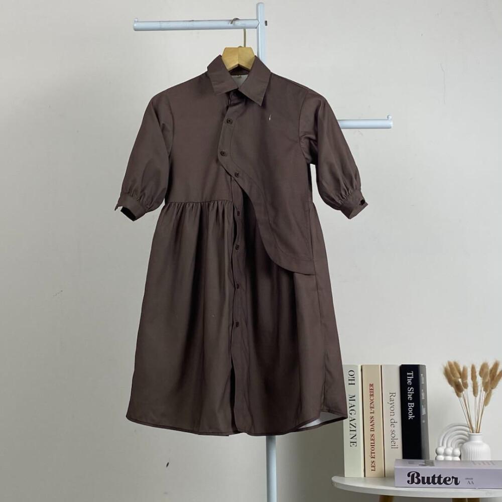 PO30 CHICMORE Gaun kemeja lengan tiga perempat dengan warna polos dan rok midi