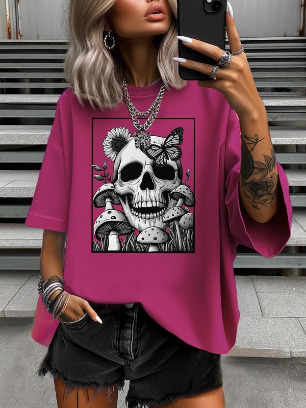 【Plus Size】butterfly & Skull & Sunflower & Mushroom Print Round Neck Tee, Loser Core Outfits Casual Drop Shoulder Half Sleeve T-shirt for Summer, Graphic Tees, Halloween Women's Plus Clothing for Daily Wear, Tops 1