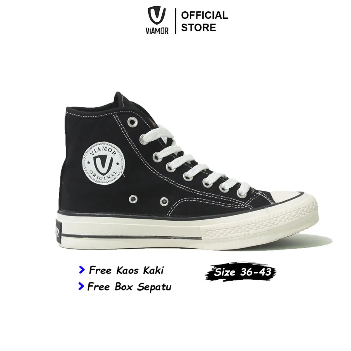 Viamor Official - Sepatu Clasic Wave High Black White Sneakers Casual Sekolah Pria Wanita Size 36-43 Kerja Shoes top