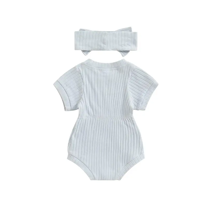Trang phục cho bé gái sơ sinh, Bodysuit ngắn tay cổ thuyền đồng màu với băng đô nơ Quần áo mùa hè 7