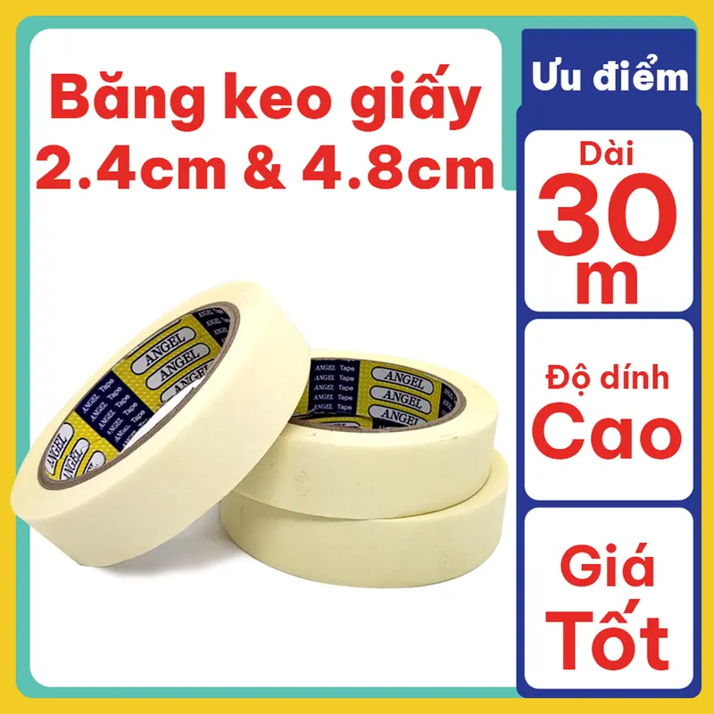 Băng keo giấy dài 30m, bề rộng 2.4cm và 4.8cm, keo dính tốt 0