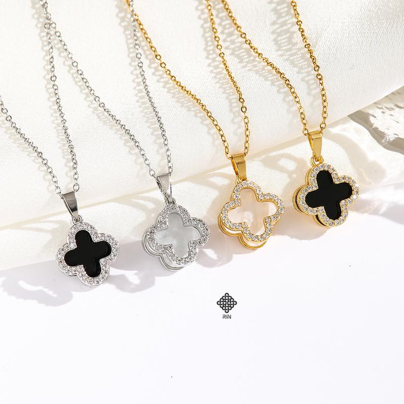  Dây chuyền titan cỏ 4 lá đính đá 2 mặt Vòng cổ đính đá chất liệu titan không phai không rỉ sét kiểu dáng cỏ 4 lá 2 mặt đen trắng trangsucmoiluatuoi.RIN 