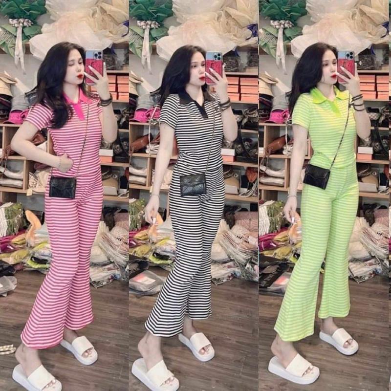 Sét Bộ Kẻ sọc Áo Tay Ngắn Có Cổ Phối Quần Dài Ống Loe Cao Cấp Nữ Women Top Sọc Kẻ