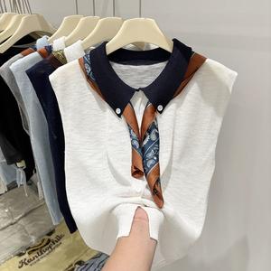 Four Seasons Green 2025 Summer Color-Block Polo Collar Lace-Up Knitted Cardigan Short Sleeve Stylish Versatile Top for Outerwear