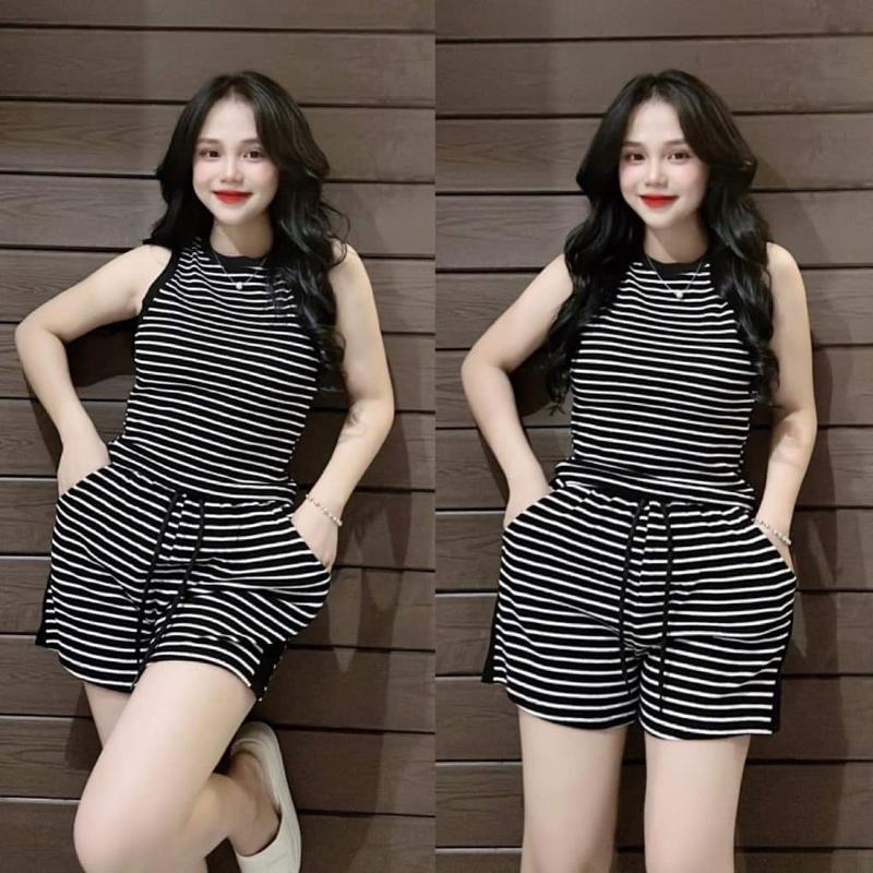 Set Đồ Bộ Nữ Quần Đùi Chất Gân Tăm Áo SỌC Sát Nách Viền Đen 4 Màu Bigsize 45-90Kg Mặc Hè Top Nữ Women Voi