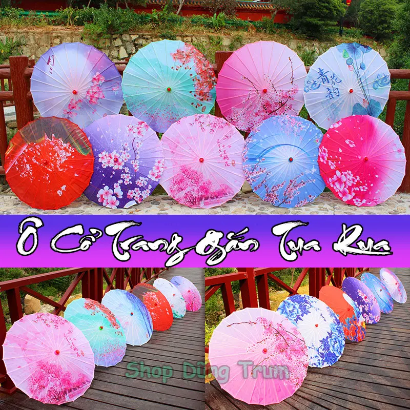 Ô Cổ Trang gắn tua rua chất liệu vải lụa đẹp, dù cổ trang biểu diễn trang trí 1