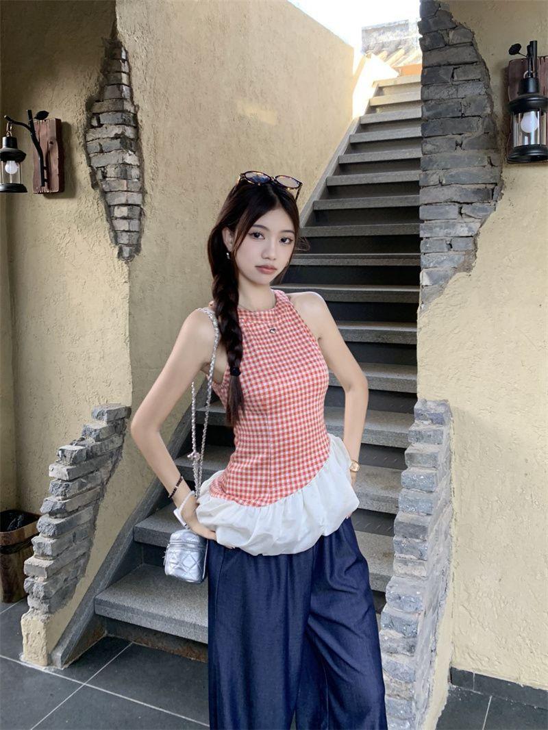 Product Introduction of Áo Vest Cổ Yếm Kẻ Sọc, Hàng Mới Về Mùa Hè, Thiết Kế Sang Trọng, Không Tay, Khâu, Dây Đeo Spaghetti Bất Đối Xứng Phong Cách Cô Gái Nóng Bỏng, Áo Trên 9