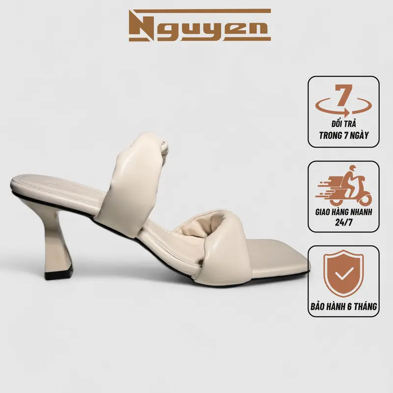 (Chân dày tăng size) Giày nữ cao gót 7p phối 2 quai ngang thời trang với chất liệu da và denim sang trọng Nguyễn Gia N168 6