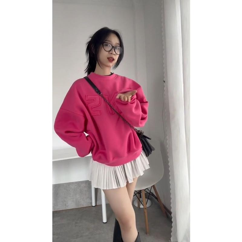 Ao sweater thêu chữ nổi INS nỉ bông , Áo hoodie vải nỉ lót bông dày dặn form rộng unisex 2