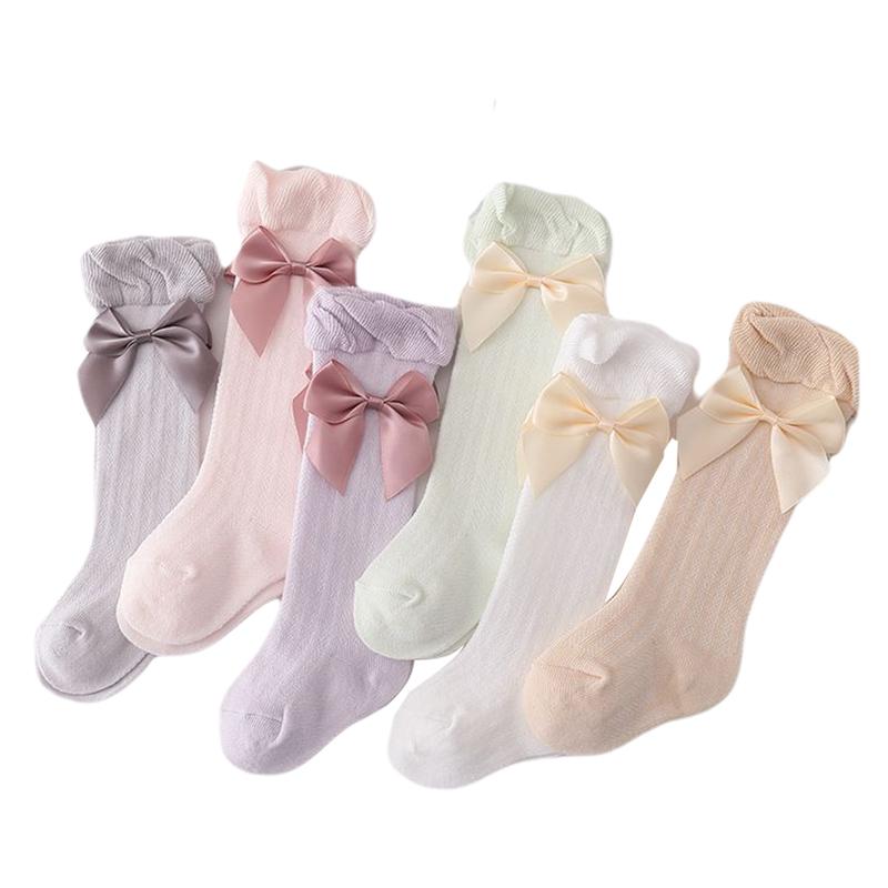 Product Introduction of Girl's Solid Color Socks, Breathable Long Tube Socks with Big Bowknot Decor for Spring and Autumn 27