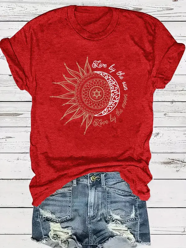 Women's Sun & Moon Print Round Neck Graphic Tee, Summer Clothes Women, Casual Short Sleeve T-Shirt for Summer, Women's Top for Daily Wear 5