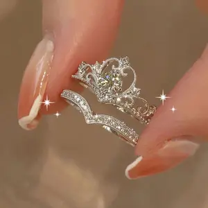 Set Cincin Princess Mahkota Berlian - 2in1 Mewah dengan Batu Moissanite Ring