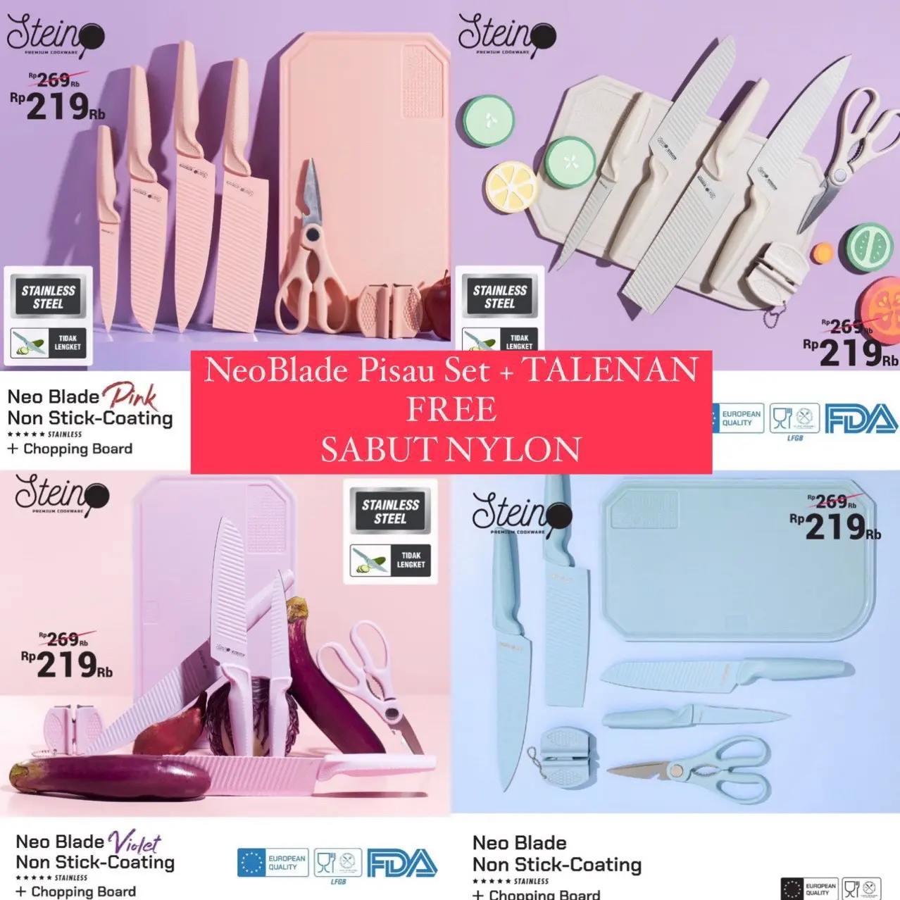 (FREE NYLON + TALENAN) Stein Steincookware NEO BLADE KNIVES SET 4 Warna Blue Pink Violet White