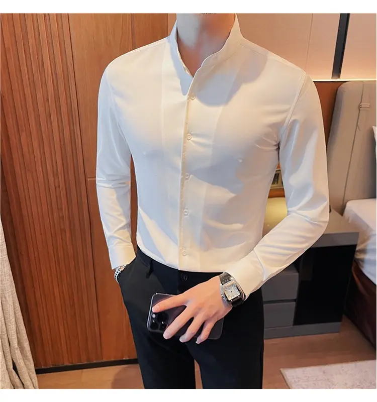 Áo sơ mi nam dài tay cổ tàu kiểu mới phom body ôm dáng chất lụa hàn cao cấp mịn mát thấm hút mồ hôi Menswear Shirt