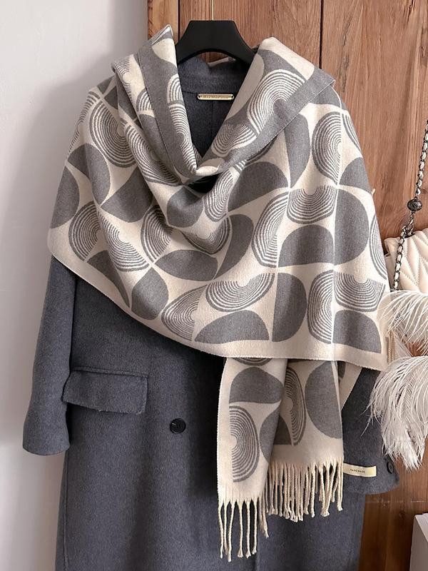 Women's Geometric Print Tassel Decor Shawl, Boho Style Casual Soft Warm Long Scarf for Fall & Winter, Fashion Accessories for Daily Wear 1