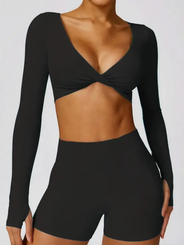 Women's Solid Long Sleeve Thumb Hole Crop Sports Tee, Casual Comfy Breathable Quick Drying Skinny T-shirt Tops for Yoga Gym Workout Running, Ladies Sportswear for Spring & Fall, Training Top 3