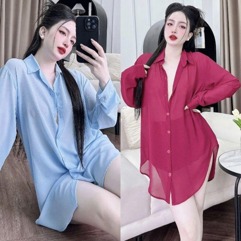 Đồ ngủ sex.y xuyên thấu Đầm ngủ sơ mi kèm quần ngắn Đồ ngủ pijama lụa mềm mặc sang