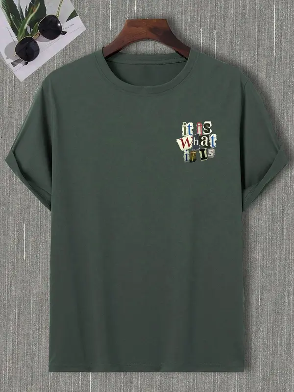 Men's Letter Print Round Neck Tee, Regular Fit Casual Drop Shoulder Short Sleeve T-shirt for Summer,  Graphic Tees, Men's Summer Clothes for Daily Wear 7