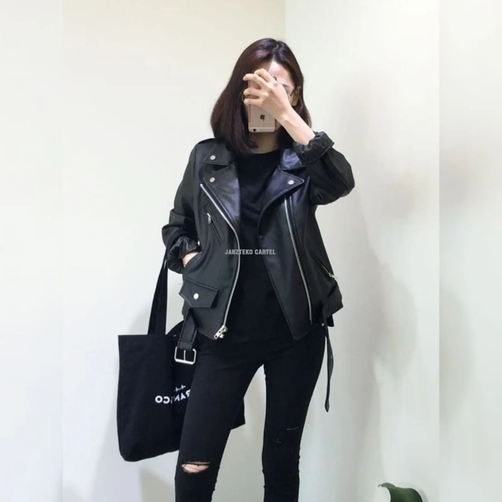JNK x RMS - Jaket Kulit Wanita Ramones Changcuters Korea Blazer Style Punk Women Shirt Black Bahan Semi Kulit Sintetis Viena Faux Synthetic Leather Jacket Cewek Perempuan Remaja Slimfit Zipper Belt