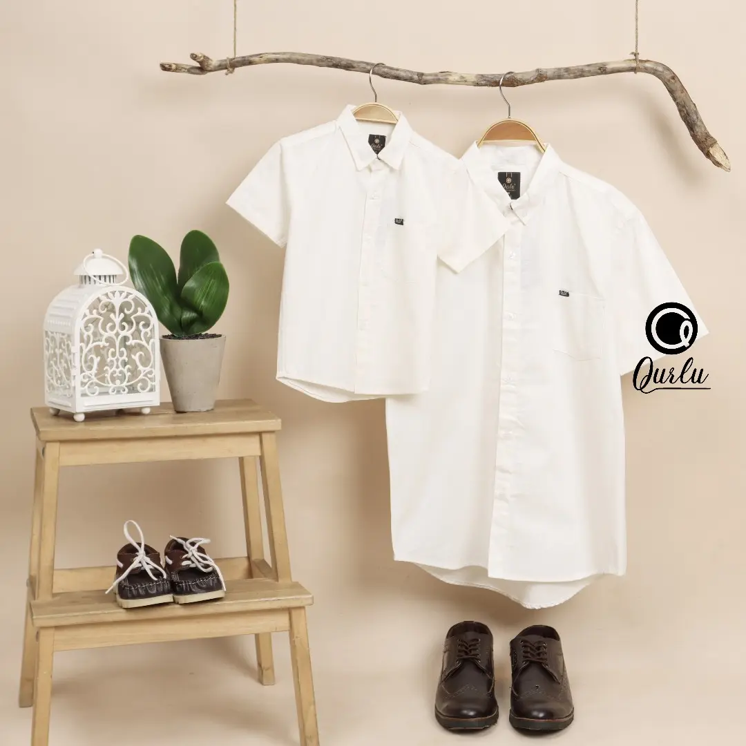 Qurlu - Kemeja KERAH FORMAL dewasa/anak warna BROKEN WHITE/BW (bisa couple ayah dan anak)