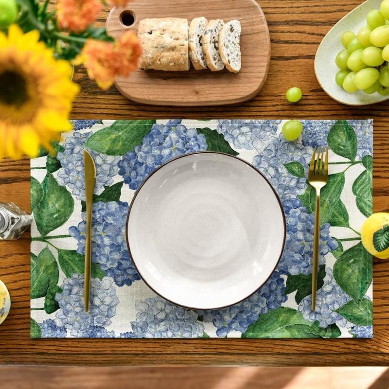 Dining Table Hydrangea Pattern Linen Placemat Heat Resistant Anti Slip Table Mat Oil Proof Rustic Tableware Pad Table Decoration 1