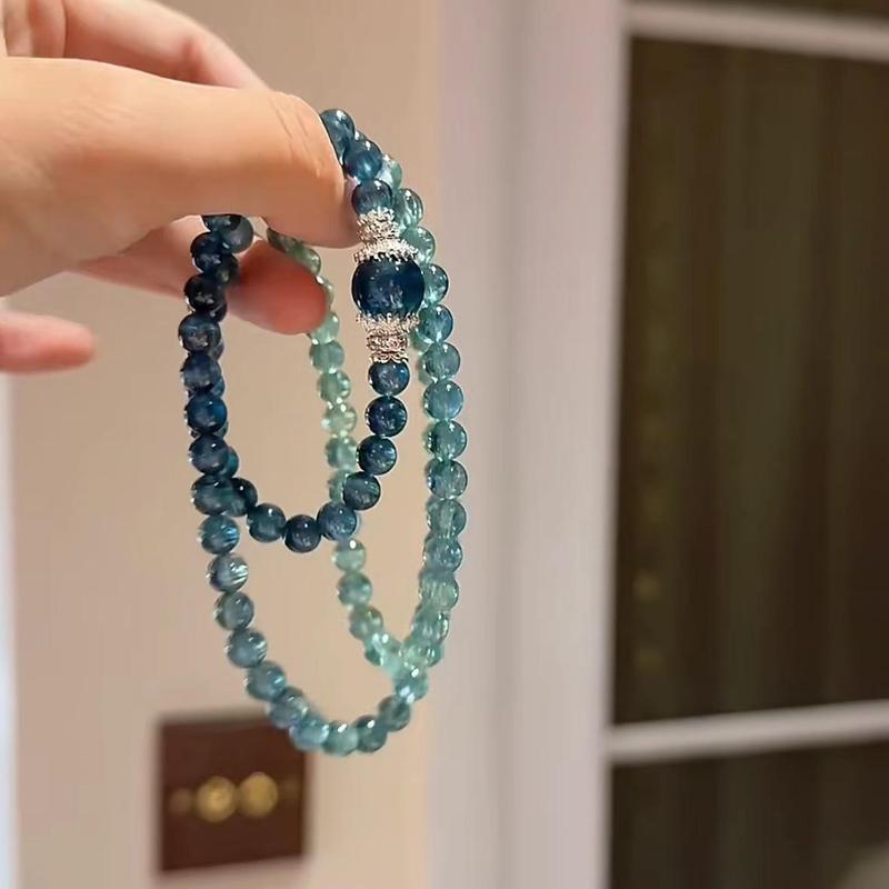 Product Introduction of Aquamarine Clear Green Three Circles Twin Bracelet round Beads Zircon Elastic String All-Match Good-looking Gradient Multi-Purpose Clavicle Chain art  phro pixiu 1