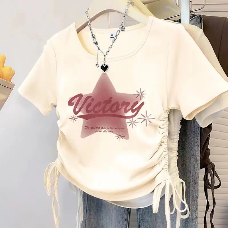 Áo Croptop ngắn Tay Cho Bé Gái, Hàng Mới Về Năm 2024, Phong Cách Hàn Quốc, Áo Thun Ngắn, Thích Hợp Cho Mùa Hè, Dễ Phối Đồ, Sành Điệu, Có Dây Rút, Hợp Xu hướng, Áo Thun Dài Tay, Cho Trẻ Lớn