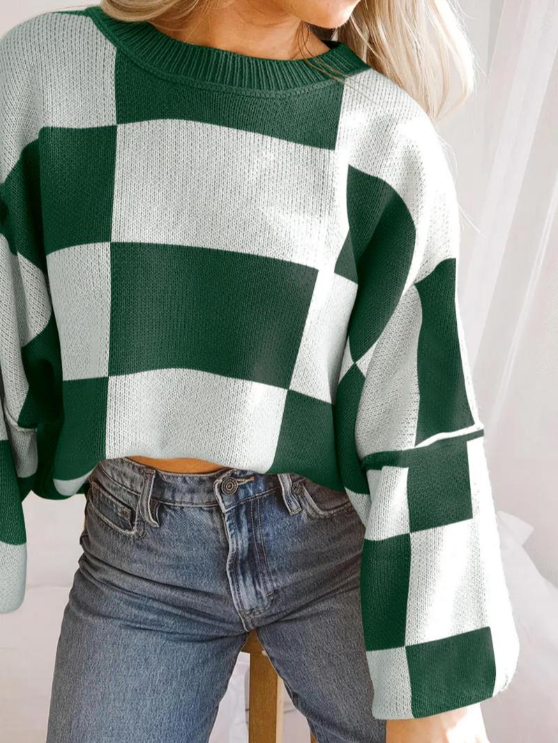 Product Introduction of Women's Plaid Print Drop Shoulder Sweater, Casual Long Sleeve Round Neck Jumper for Fall & Winter, Fashion Ladies' Knitwear for Daily Wear, Going Out Tops 20