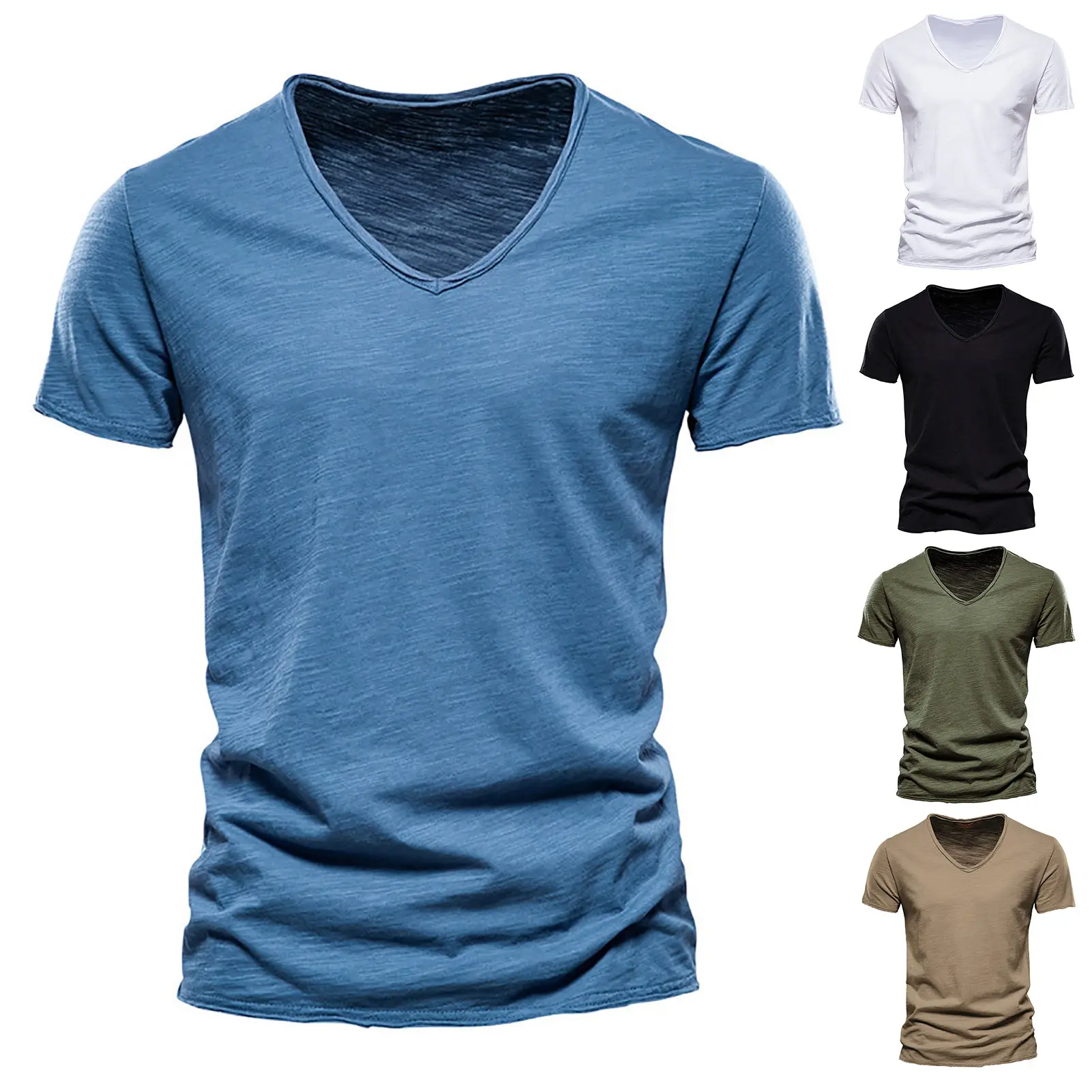 Qikbjgs V-neck Short Sleeve Soft Texture Men T-shirt Solid Color Simple Pullover Top Streetwear