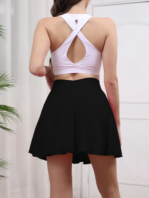 Women's Solid Color High Waist Seamless Sports Skort, High Stretch Casual Comfortable Breathable Anti-Exposure Butt Lifting Tennis Skort with Built-In Pocket, Ladies Sportswear for Indoor Outdoor Wear 7