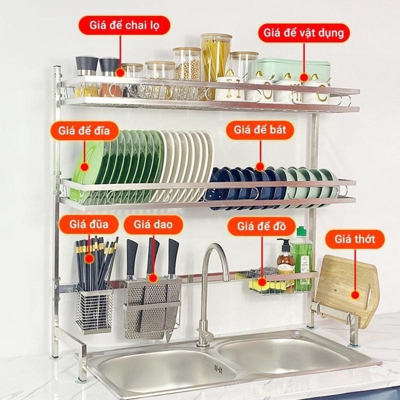 Kệ Chén Bát Thông Minh INOX 304 1 - 2 Tầng, Giá Đựng Bát Đĩa Kèm Các Phụ Kiện Tiện Ích Inox, Siêu Bền Siêu Đẹp Kitchen