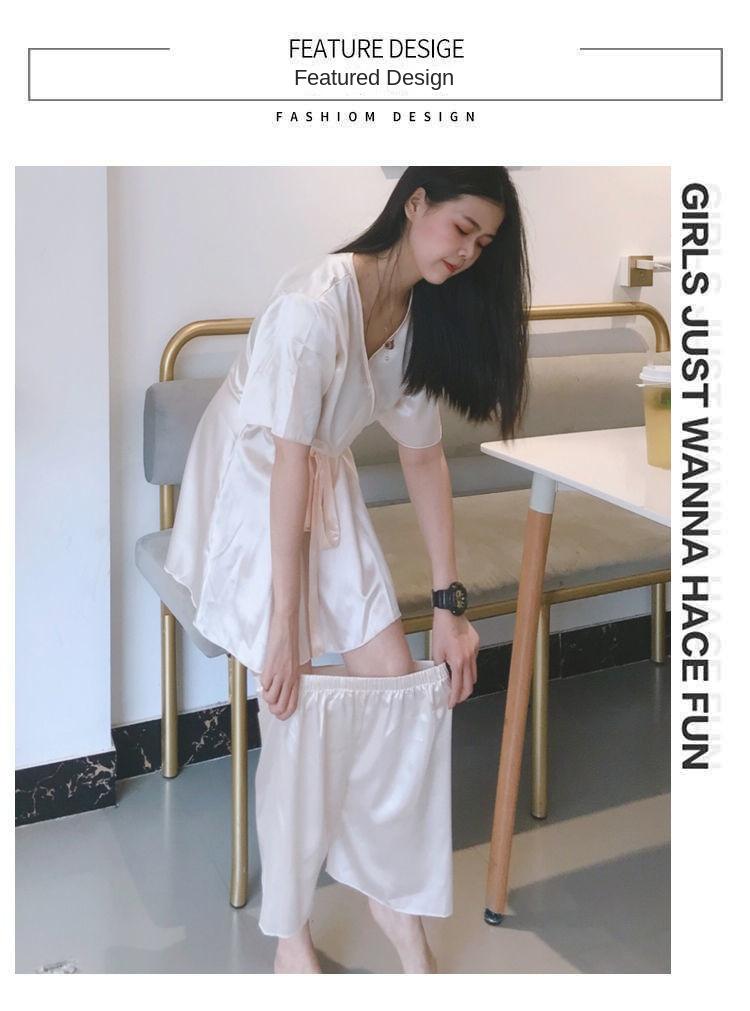 Product Introduction of Pajama women's summer short sleeved two-piece set, ice silk sweet Japanese style can be worn outside, spring and autumn home clothes, summer imitation silk Nightwear Womenswear Lingerie Loungewear Homewear Pjs Basic Minimalist 16