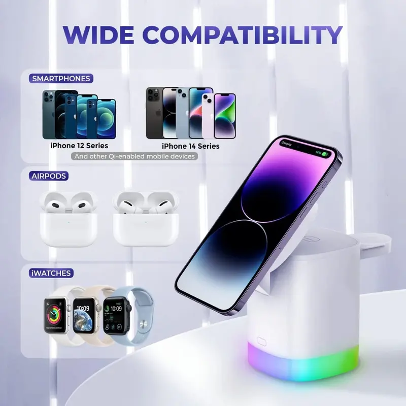 3 in 1 Wireless Charger, 1 Count Multifunctional Portable Wireless Charging Station with Ambient Light, Magnetic Charging Station for iPhone 16/15/14/13/12, AirPods 4-2, Apple Watch 2-10/Ultra 3