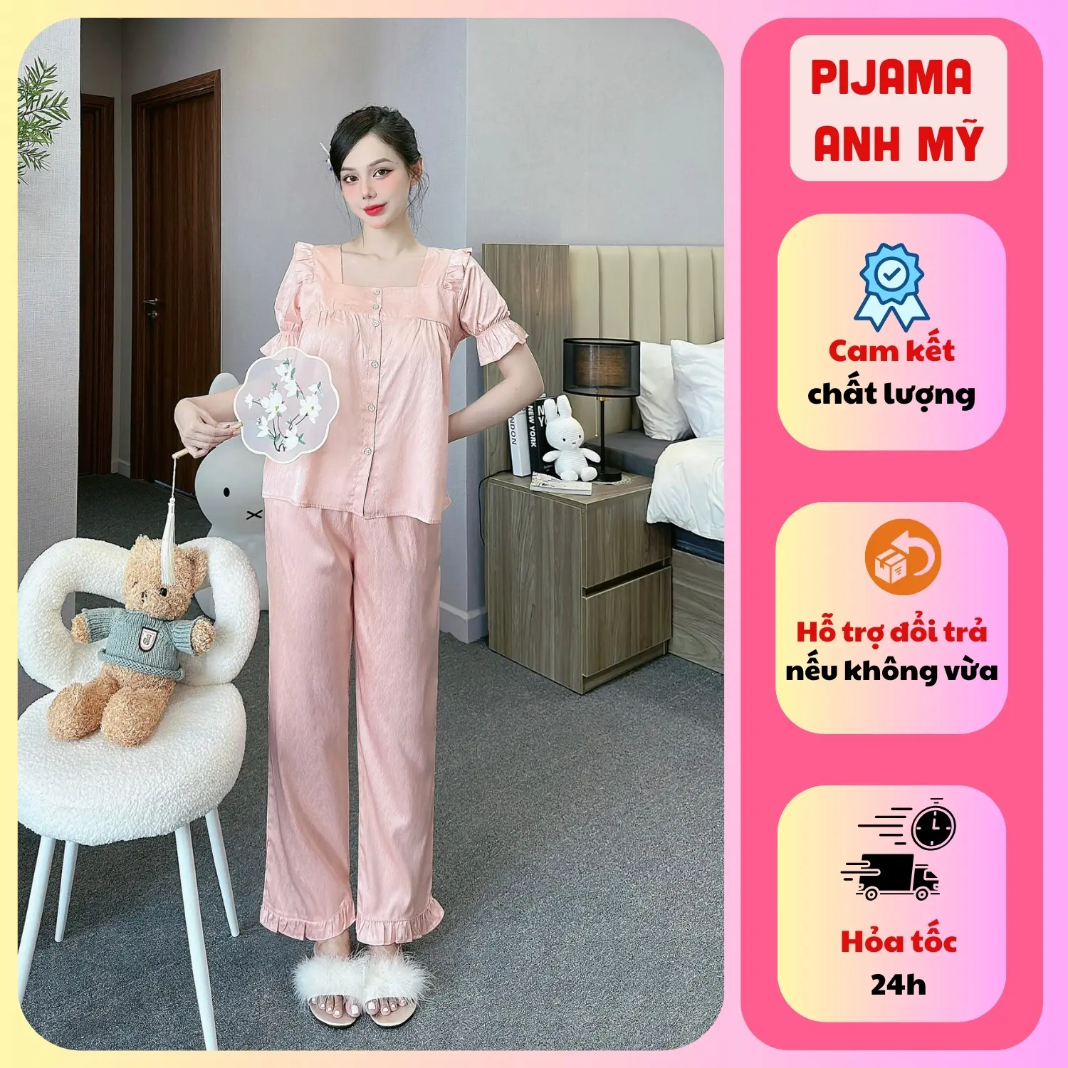 Set bộ lụa xước mặc nhà nữ, áo tay ngắn phồng cổ vuông mix quần dài lưng thun co giãn SP0037