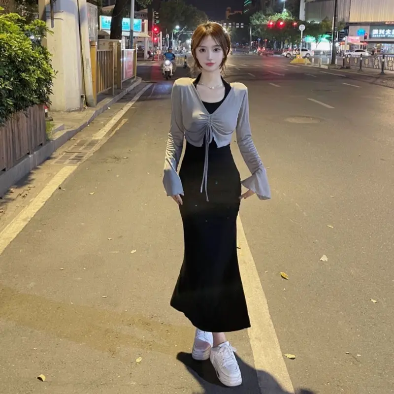 Bộ Váy Bodycon, Phong Cách Dễ Thương Và Gợi Cảm, Dài, Dành Cho Phụ Nữ, Thiết Kế Đẹp, Áo Cánh Chống Nắng, Váy Cổ Yếm Bộ Đồ Hai Mảnh, Năm 6