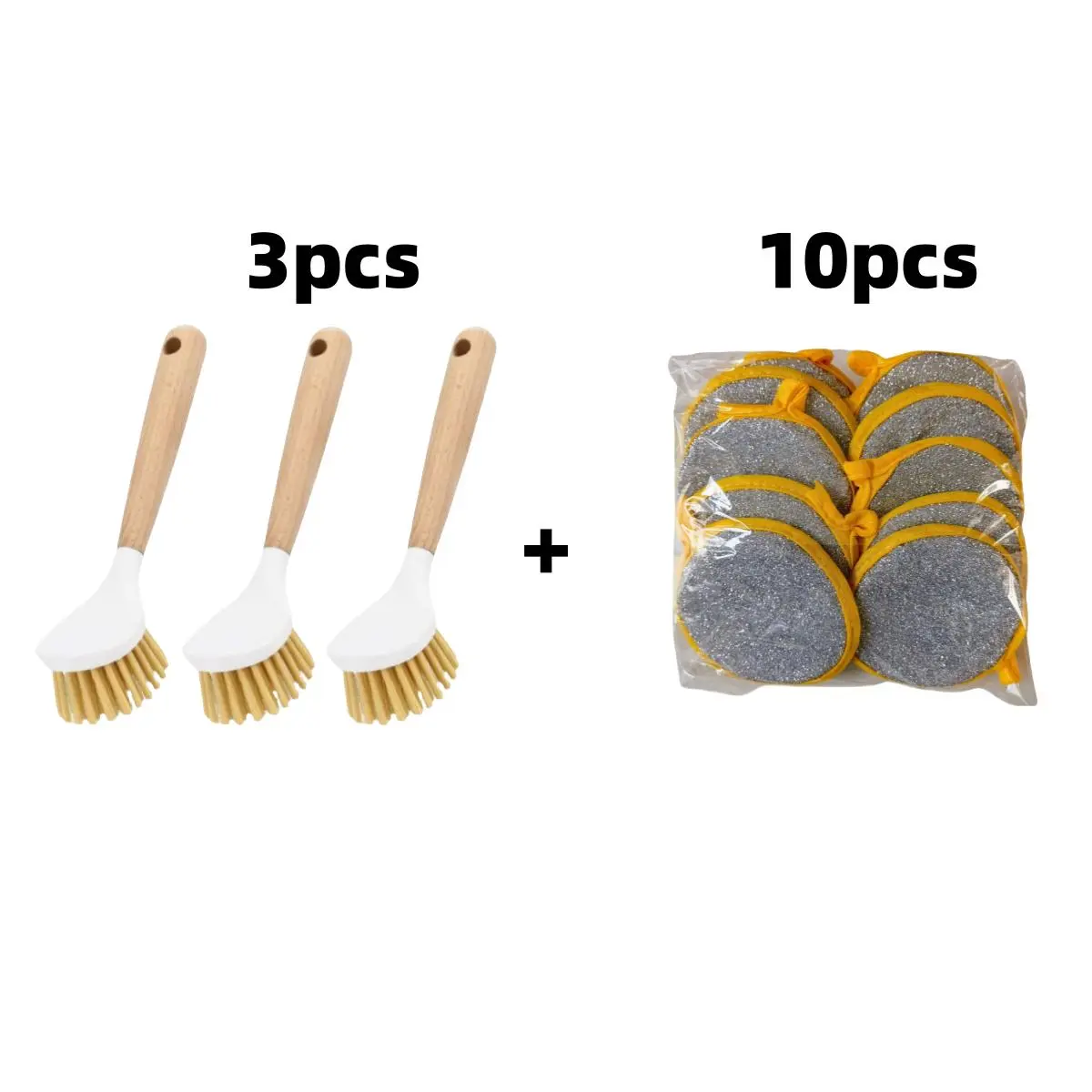 Kitchen Cleaning Brush Set, 1 Set Including 3 Counts Long Handle Wooden Cleaning Brush & 10 Counts Round Sponge Ball, Durable Cleaning Tool for Kitchen Bathroom Living Room