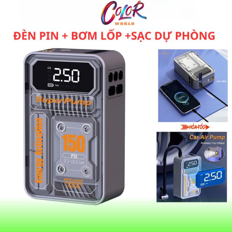 Máy bơm lốp xe máy bơm hơi điện tử không dây 3 chức năng bơm hơi sạc dự phòng ,đèn pin - Color Wolrd