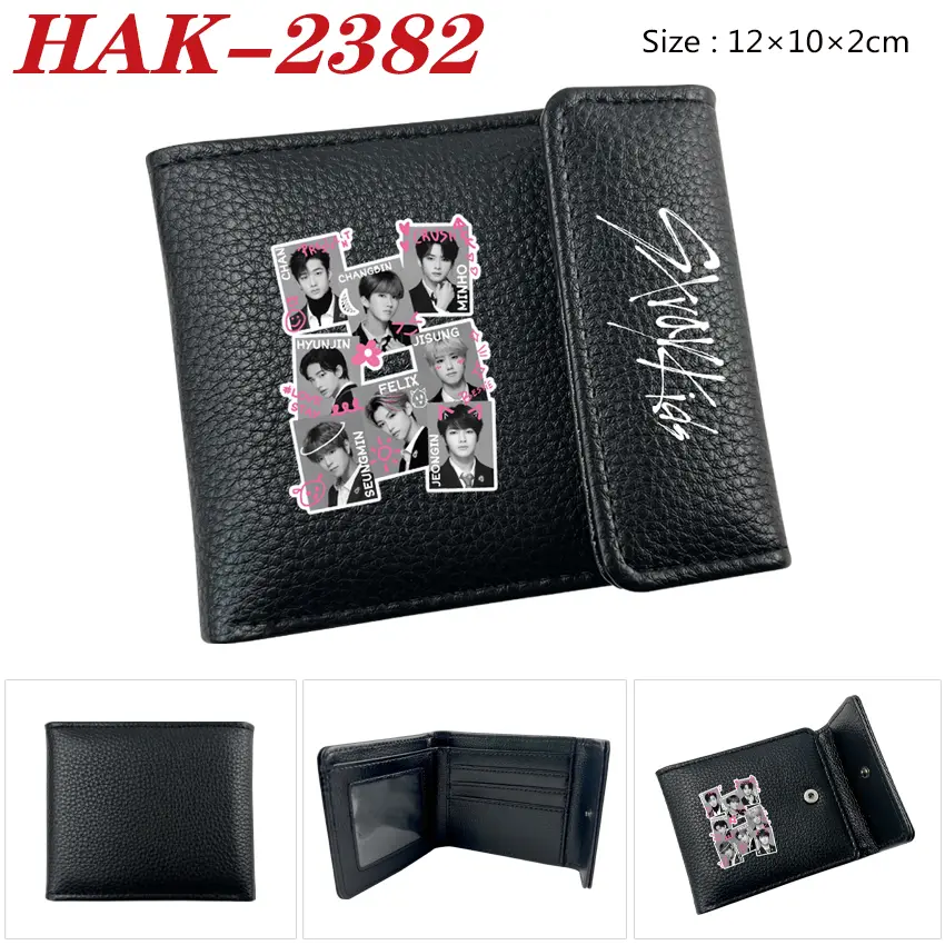 Straykids Cartoon Pattern PU Leather Print Black Snap Kids Wallet Student Short Card Holder