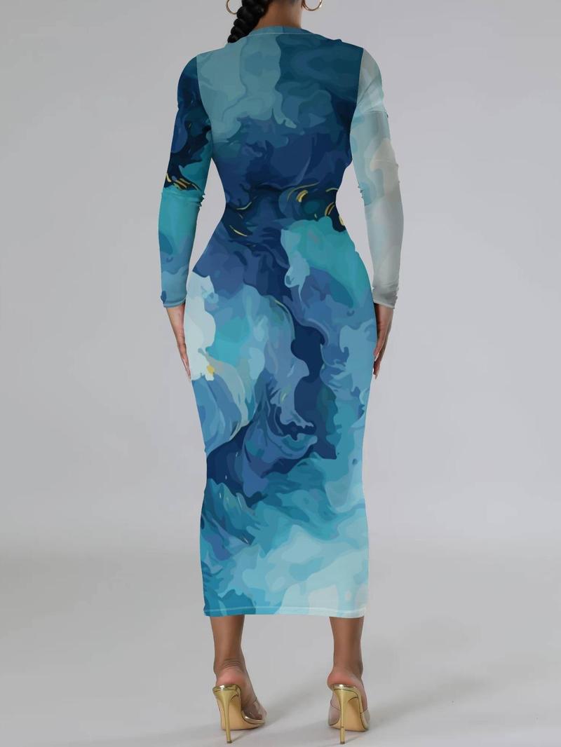 Product Introduction of Women's Colorblock Print Round Neck Bodycon Dress, Fashion Casual Long Dress for Daily Outdoor Wear, Women Dress for Spring Fall 8