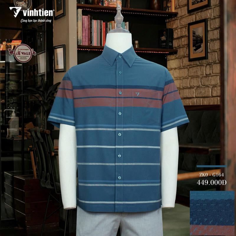Áo Sơ Mi Ngắn Tay Caro Vạt Ngang Vải Bamboo Form Regular Fit Vĩnh Tiến 449