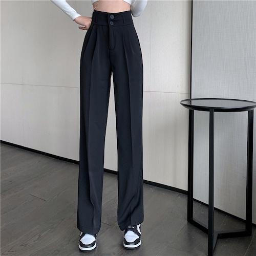Quần Vải Ống Suông Rộng Lưng Cao 2 Khuy Cài Dáng Dài Cạp Cao 2 Cúc Phong Cách Hàn Quốc Quần Ống Suông Đen Nữ Đứng Dáng Quần Tây Nữ 2 Nút Đẹp Pants Women quanongsuong