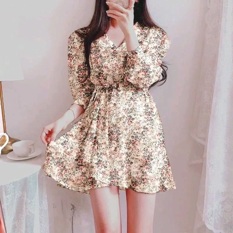 Laluna Gaun Pendek Gaun Bahan Sifon Motif Bunga Gaya Korea