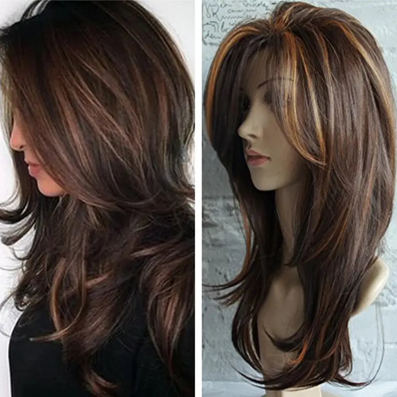 Long Wavy Curl Full Hair Wigs, Brown Layered Synthetic Hair Wig, Fluffy & Natural Hair Wig, Cosplay Hair Wig For Women