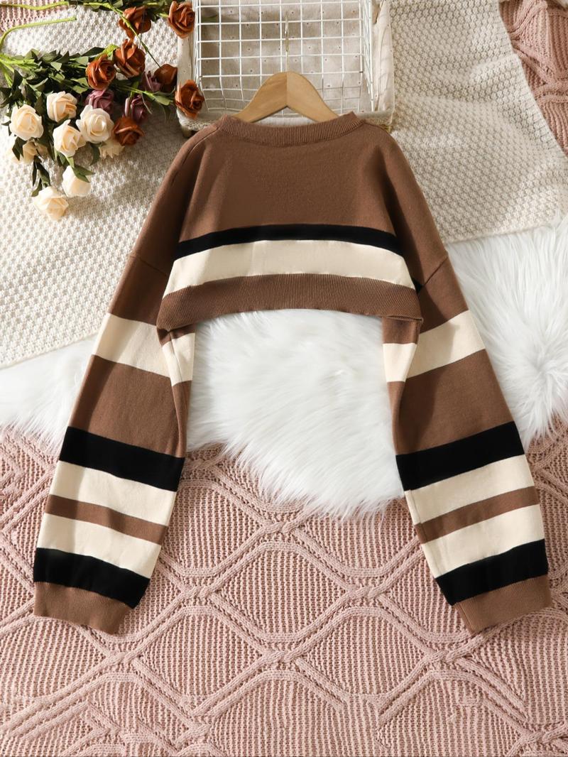 Product Introduction of Women's Striped Print Drop Shoulder Crop Sweater, Casual Extra-Long Sleeve Crew Neck Jumper for Spring & Fall, Women's Clothing for Daily Wear 13